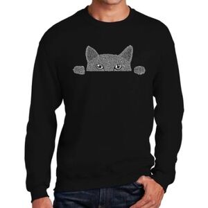 LA Pop Art Men's Plus Black White Word Art Crewneck Sweatshirt - Peeking Cat